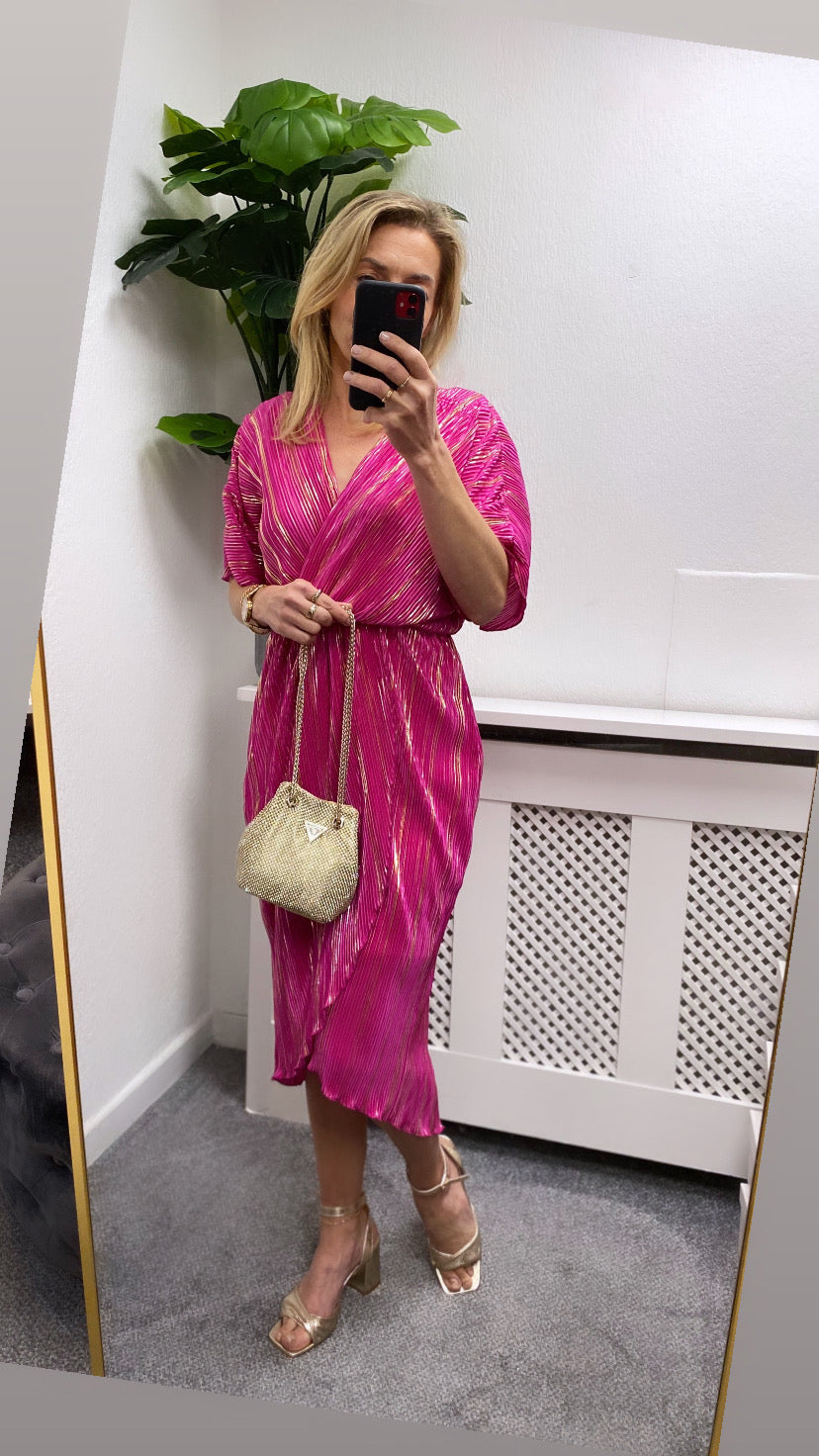 Chelsea Wrap Detailing Midi Dress Hot Pink