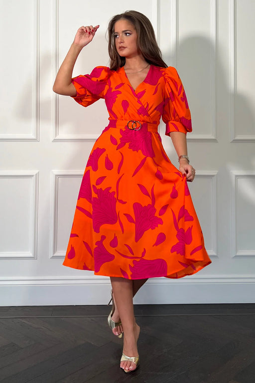 Nadine Pink and Orange Wrap Detail Midi Dress