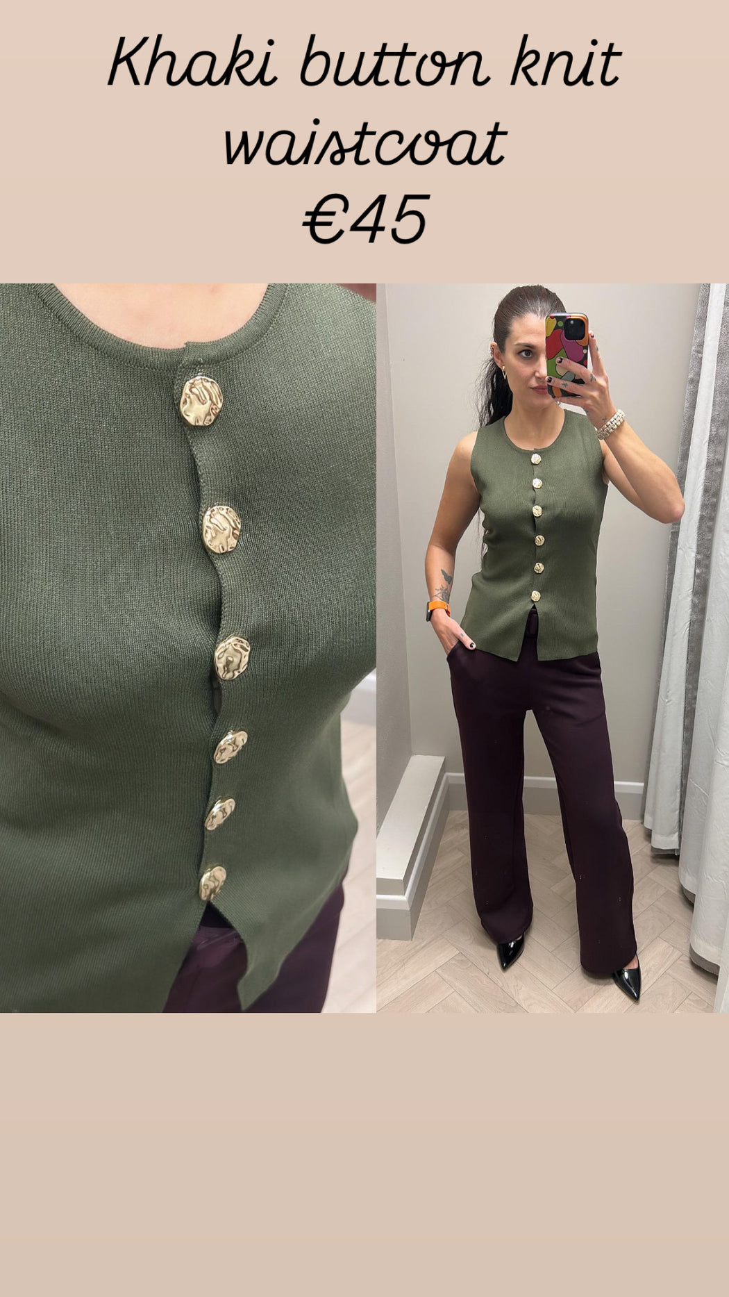 Khaki button knit waistcoat