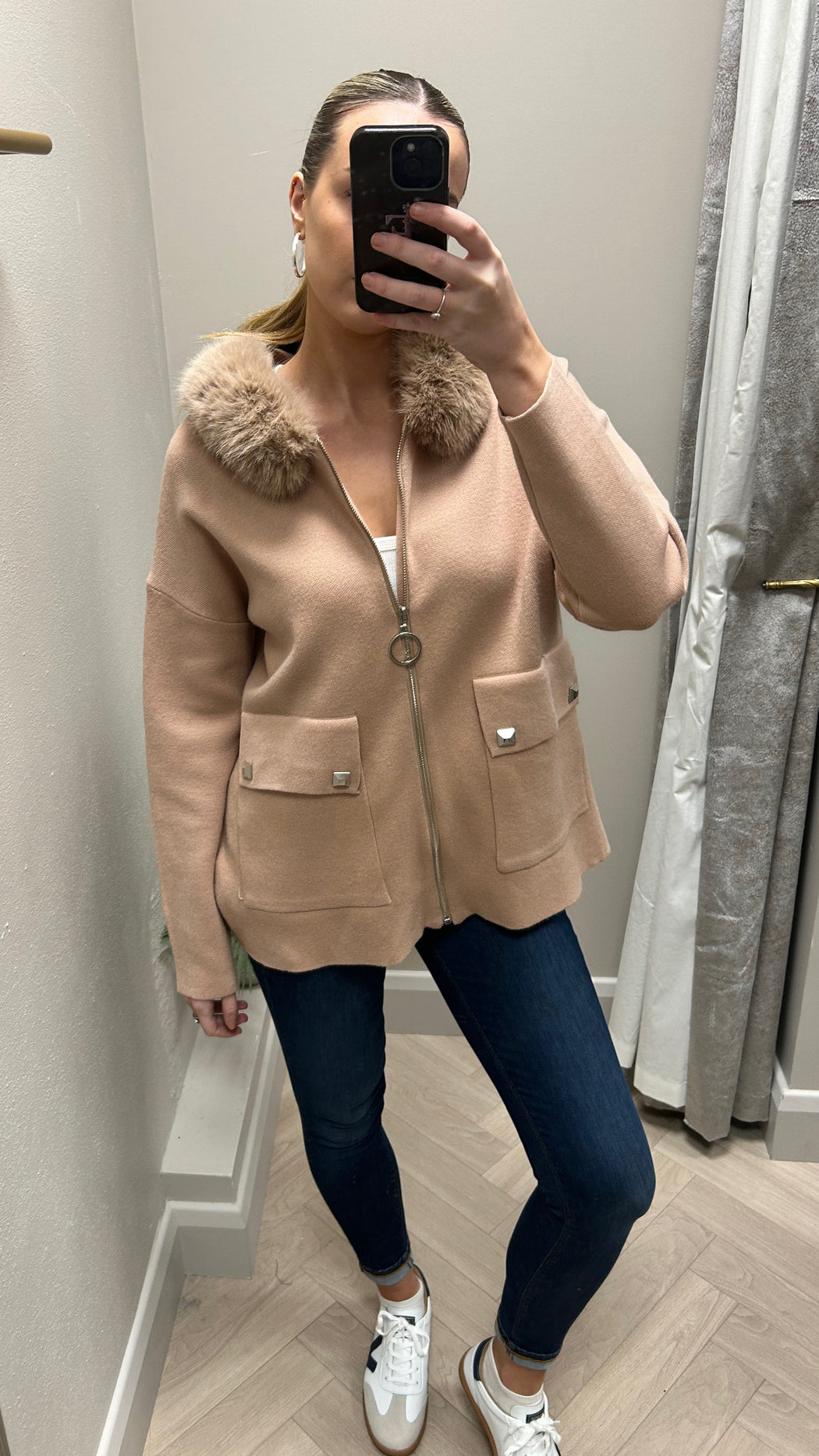 Beige hooded zip fur hood coatigan