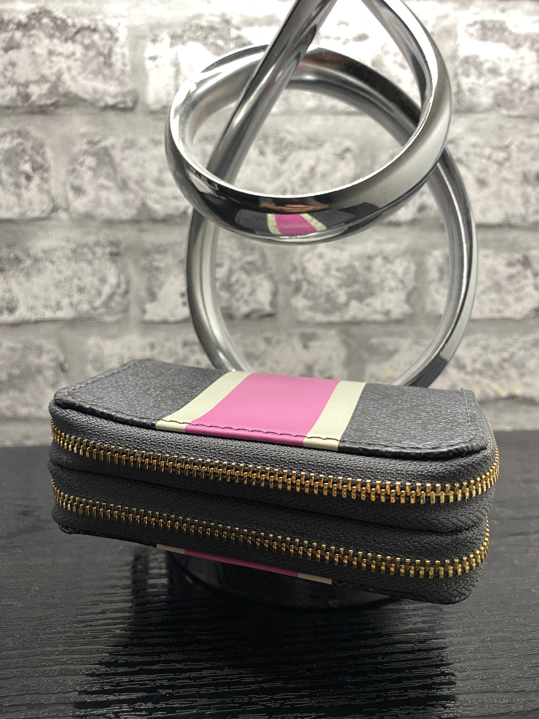 Black pink top zip  compartment purse