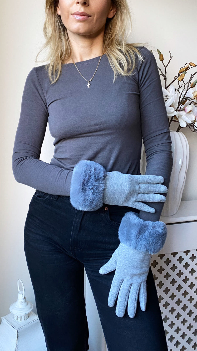 Amelia grey faux fur gloves