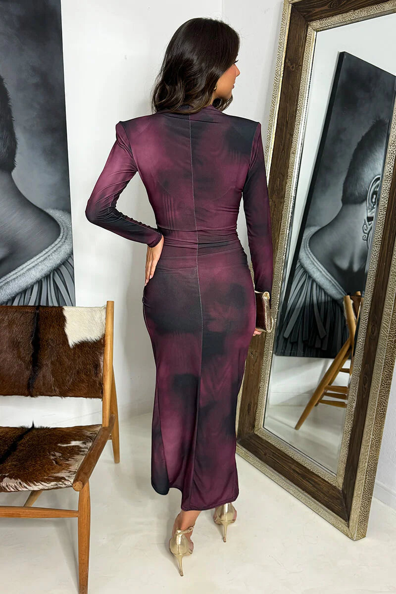 Rt393 Wine Printed Long Sleeve Wrap Midi Dress