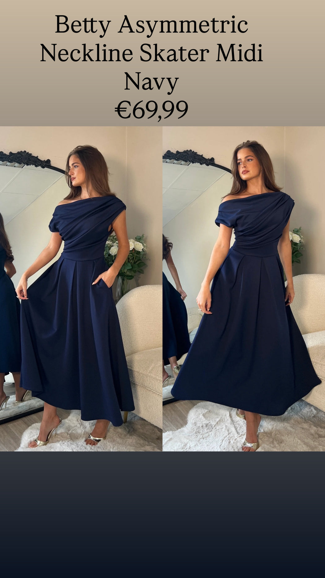 Betty Asymmetric Neckline Skater Midi Navy