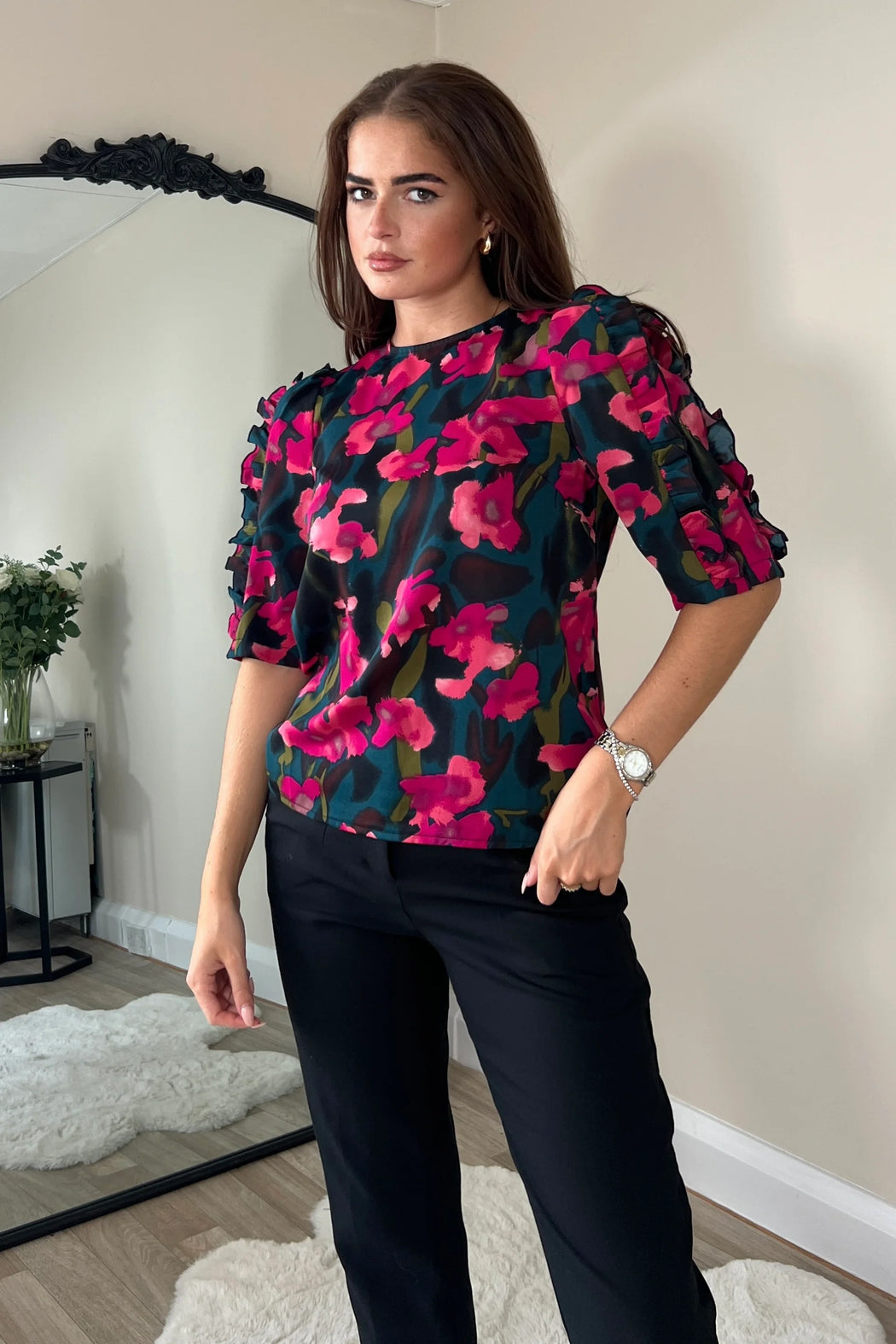 Asher Pink Floral Frill Sleeve Top