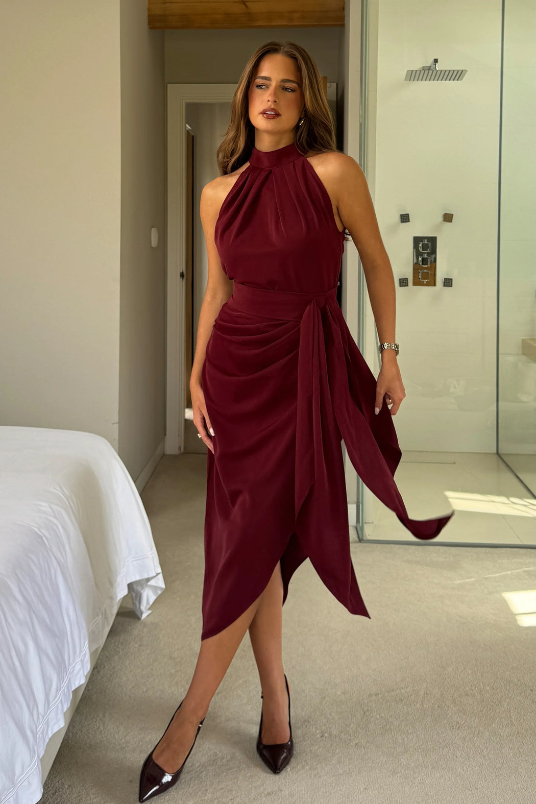 Priya berry Tie Waist Halter Neck Midi Dress