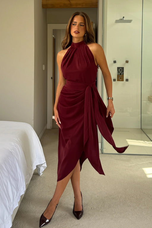 Priya berry Tie Waist Halter Neck Midi Dress