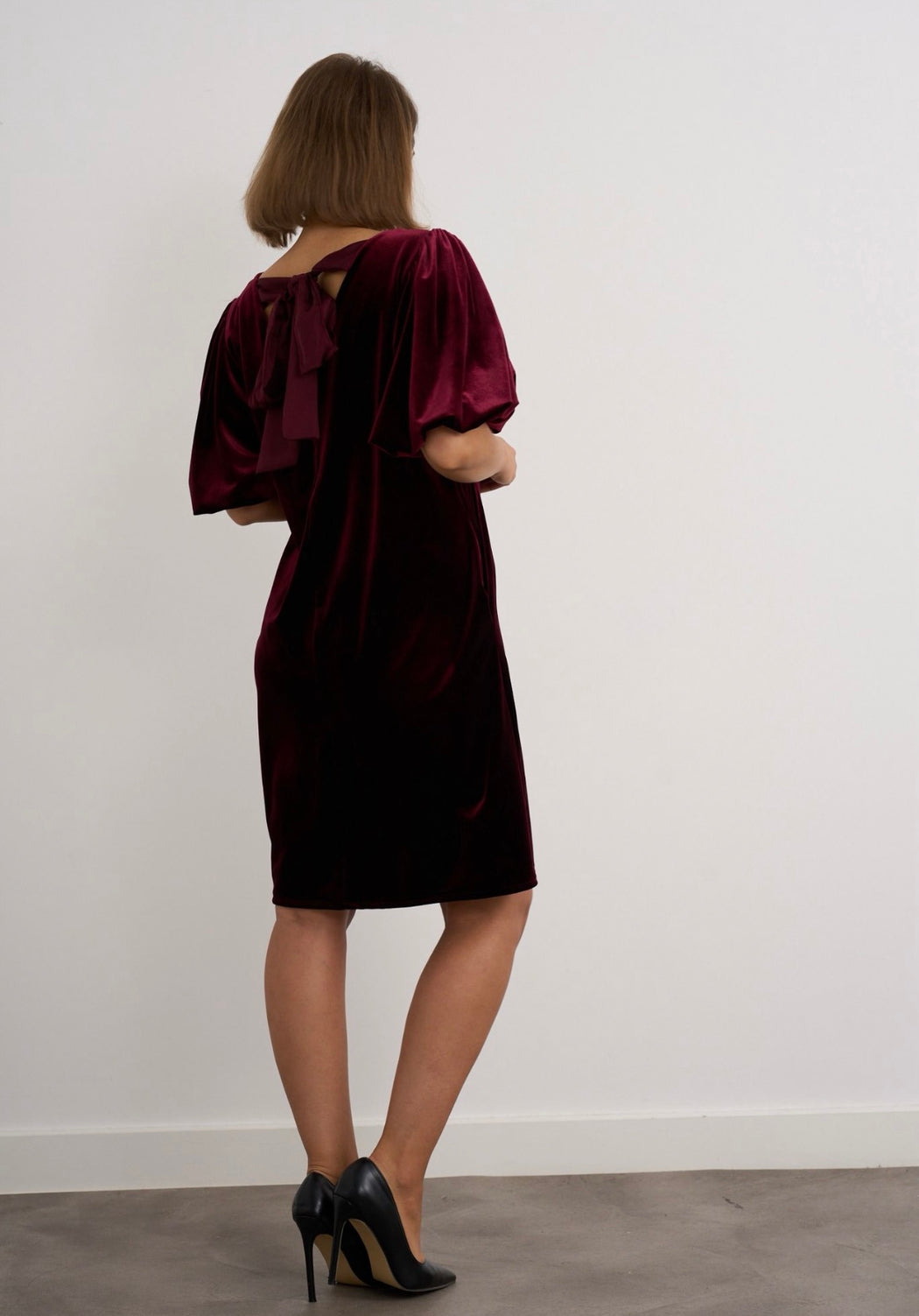 Wine velvet bow back dress
