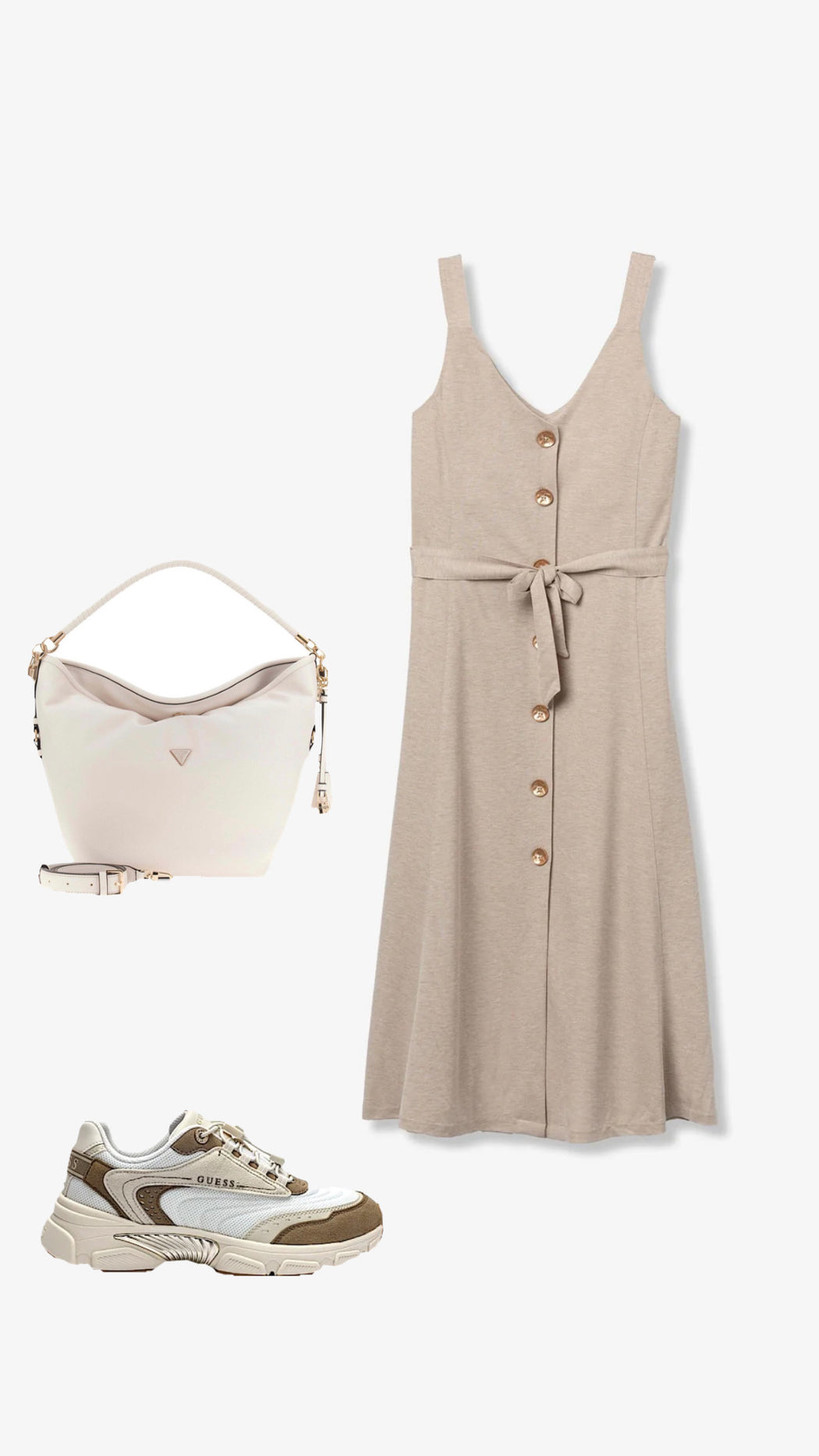 Shara beige gold button detail dress
