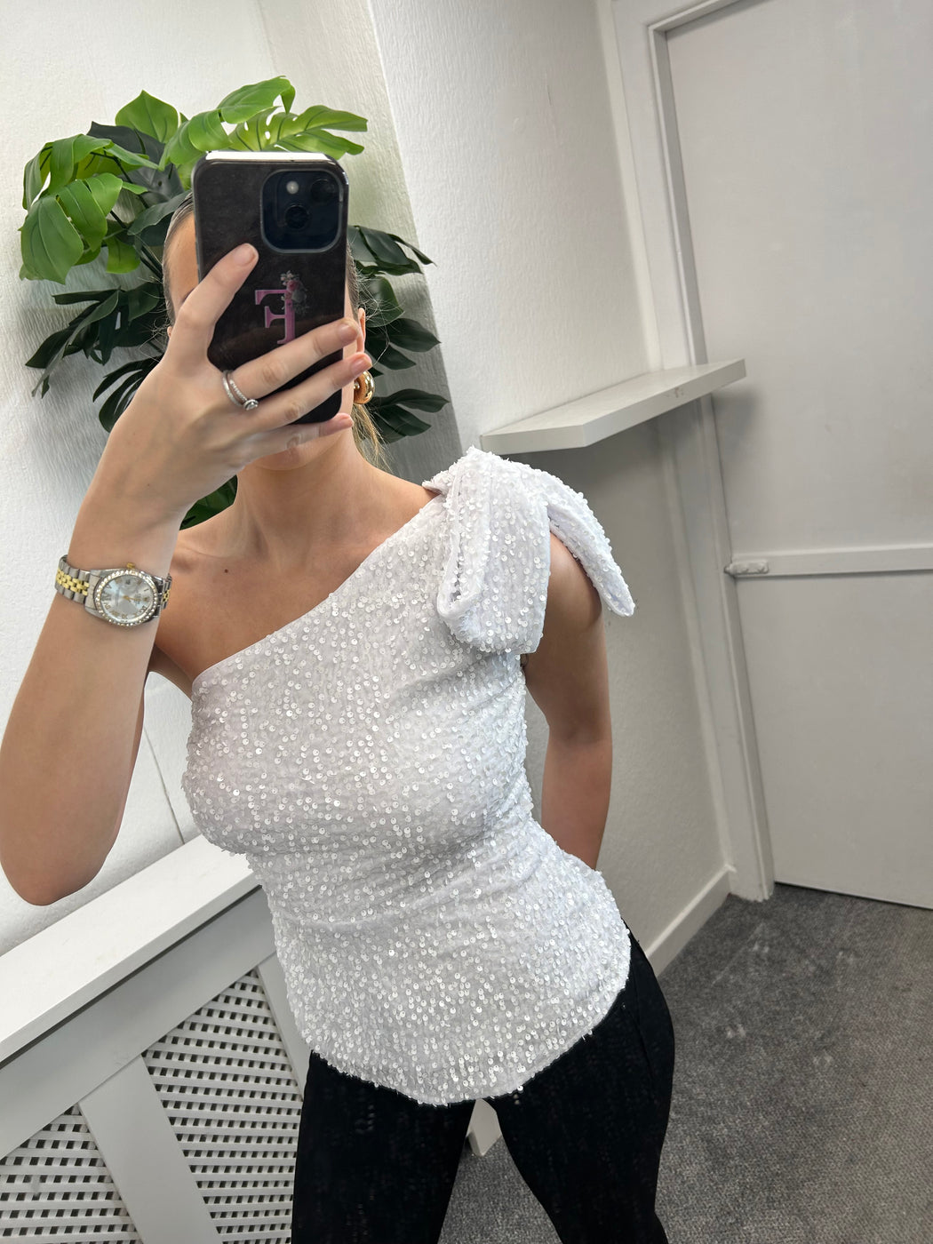 Birdie White Sequin One Shoulder Top