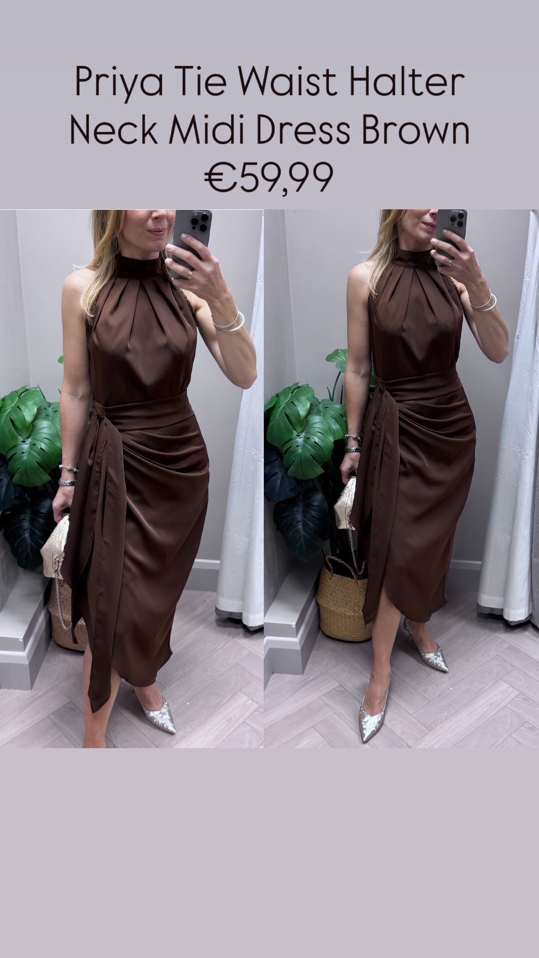 Priya Tie Waist Halter Neck Midi Dress Brown