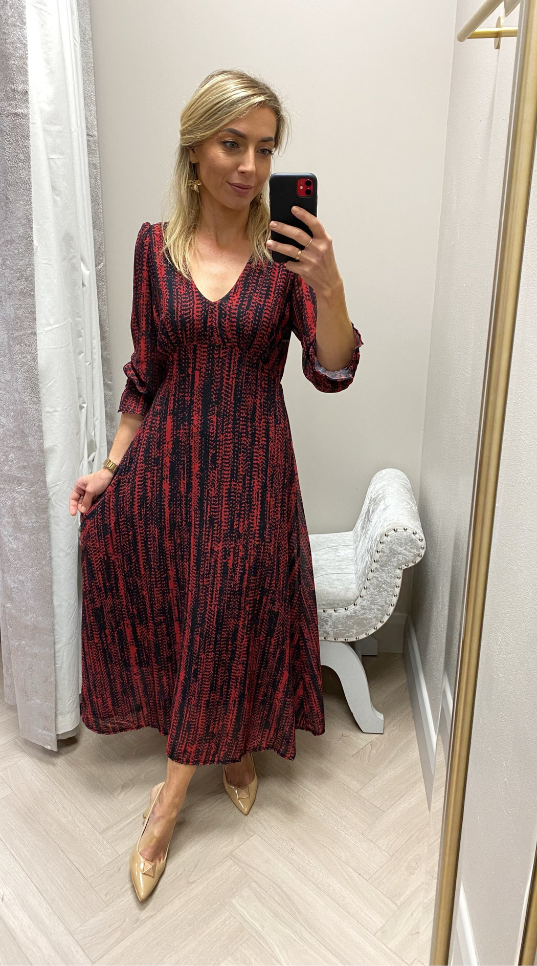 STREASA BLACK RED PRINT MIDI DRESS