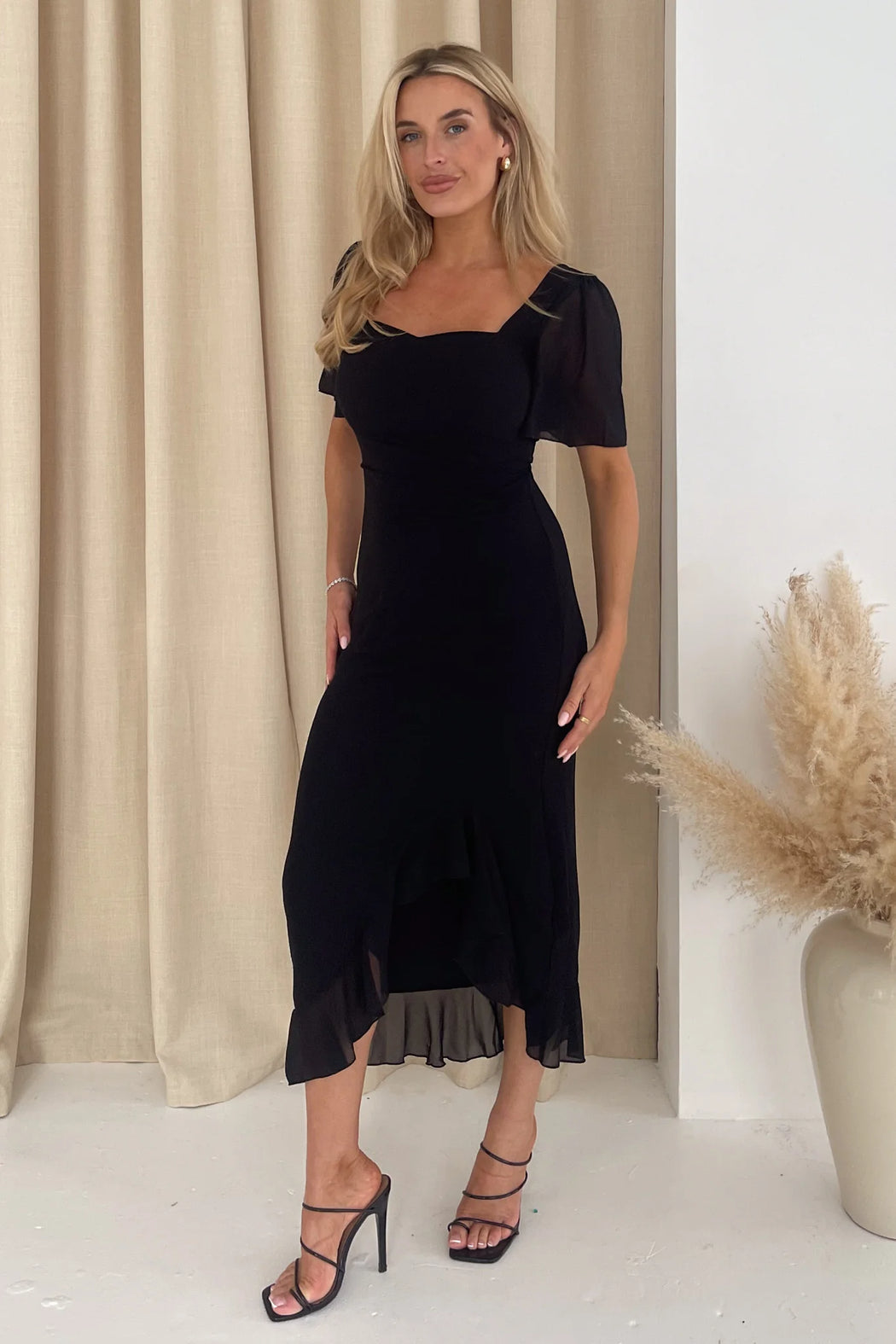 Heidi Black Ruched Midi Dress