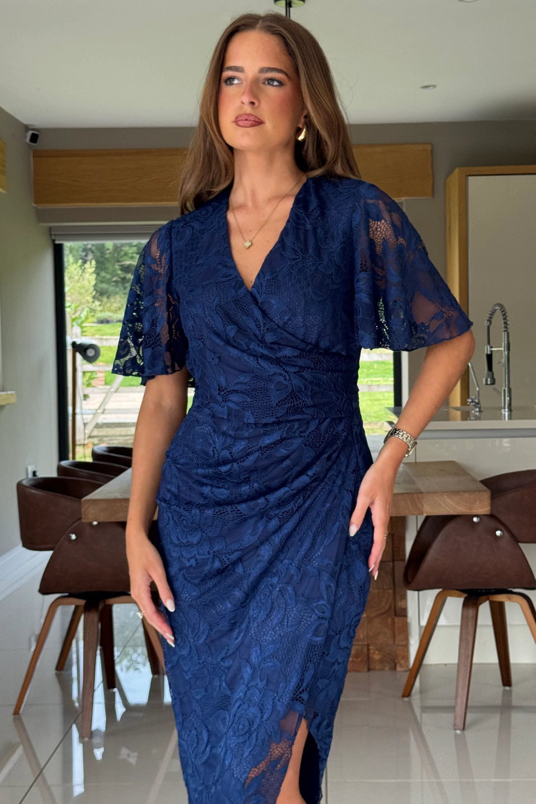 Natasha Angel Sleeve Wrap Midi Dress In Navy Lace