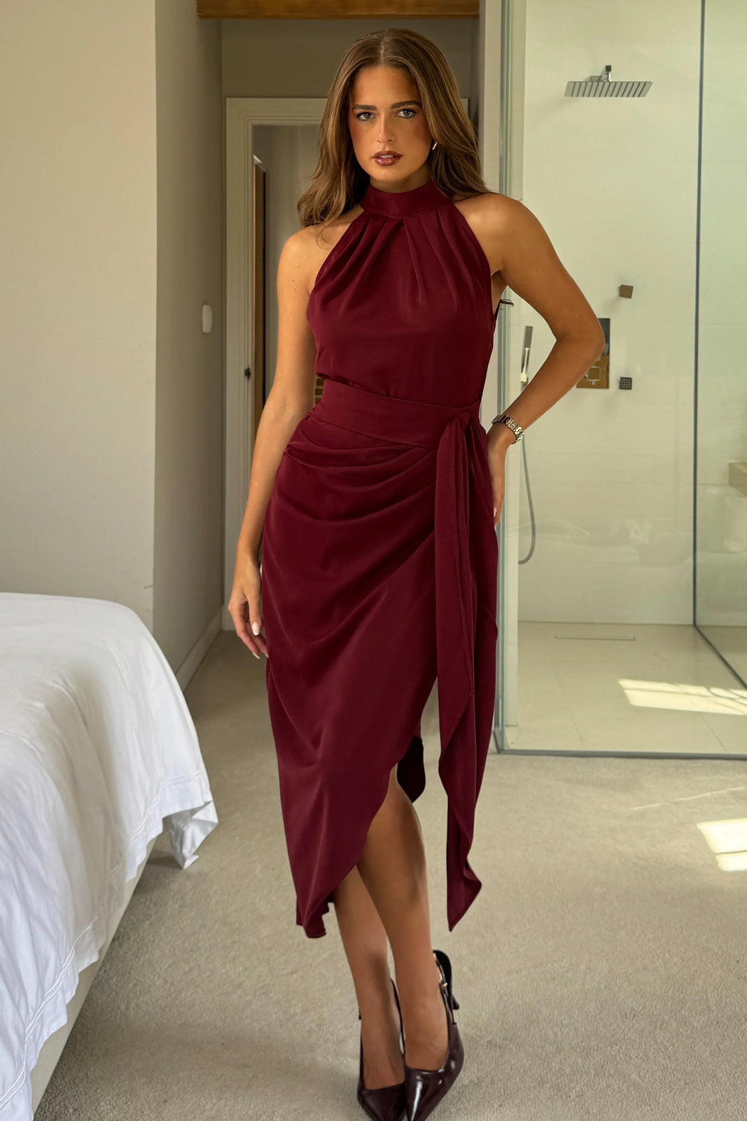 Priya berry Tie Waist Halter Neck Midi Dress