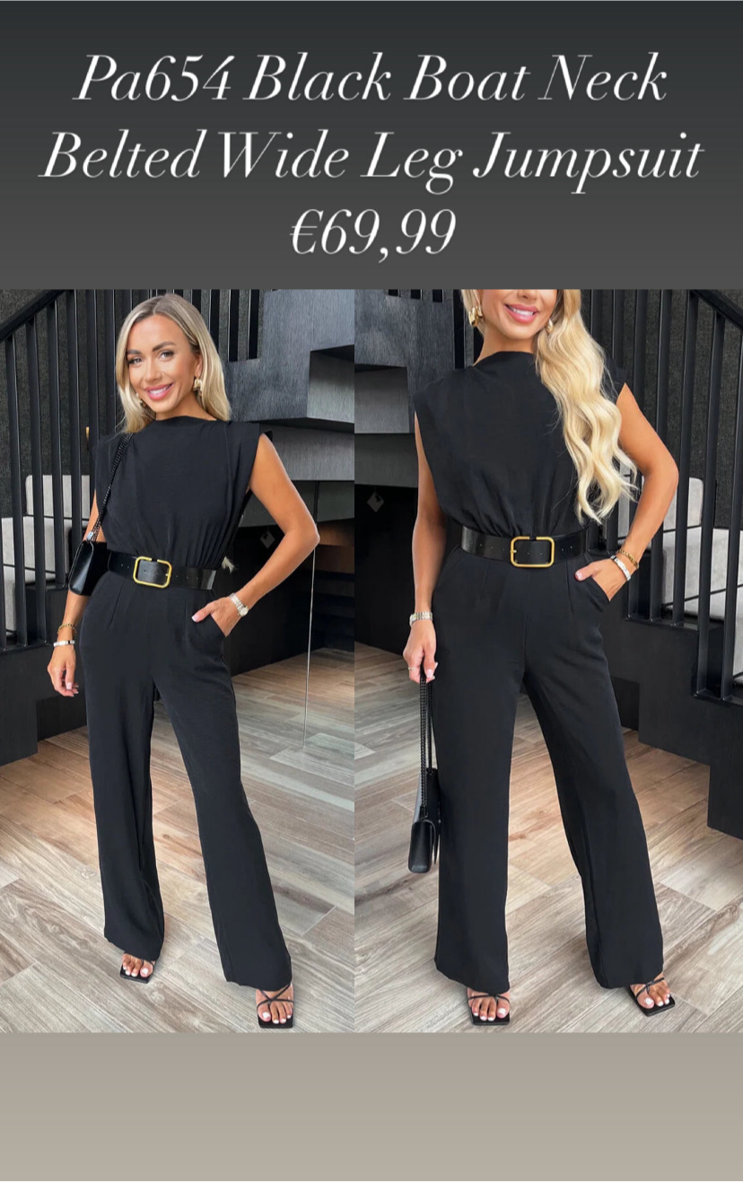 Pa654 Black Boat Neck Belted Wide Leg Jumpsuit