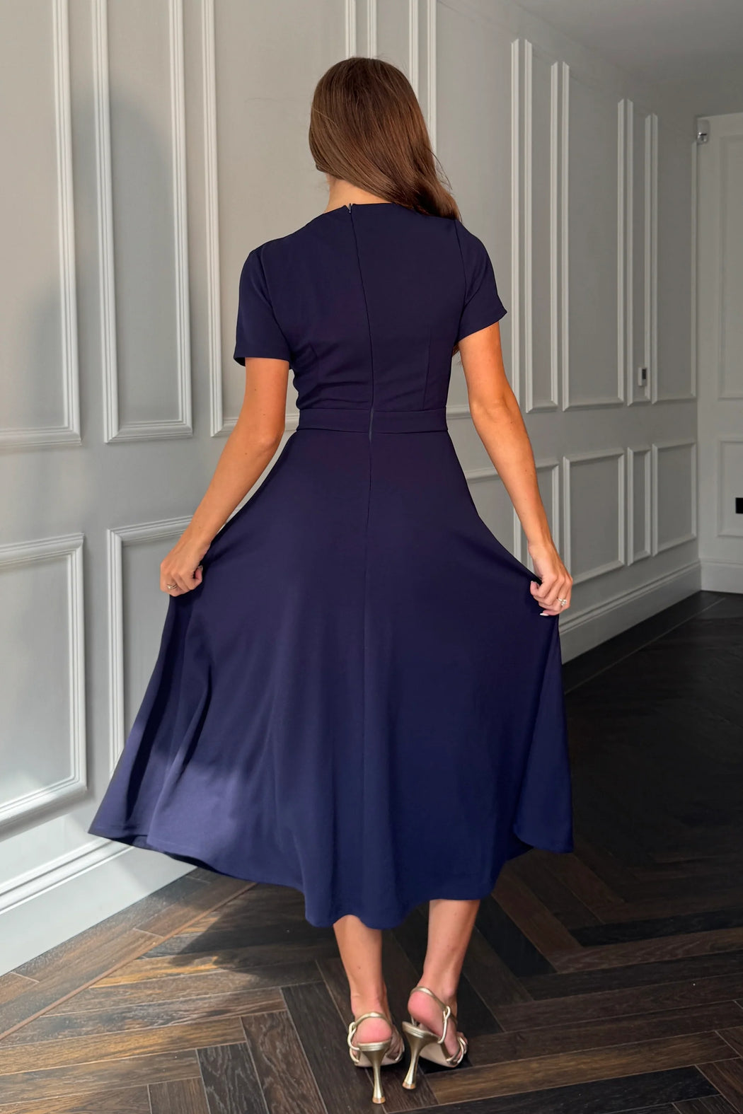 Navy Minta Bow Detail Short Sleeve Midi Dress