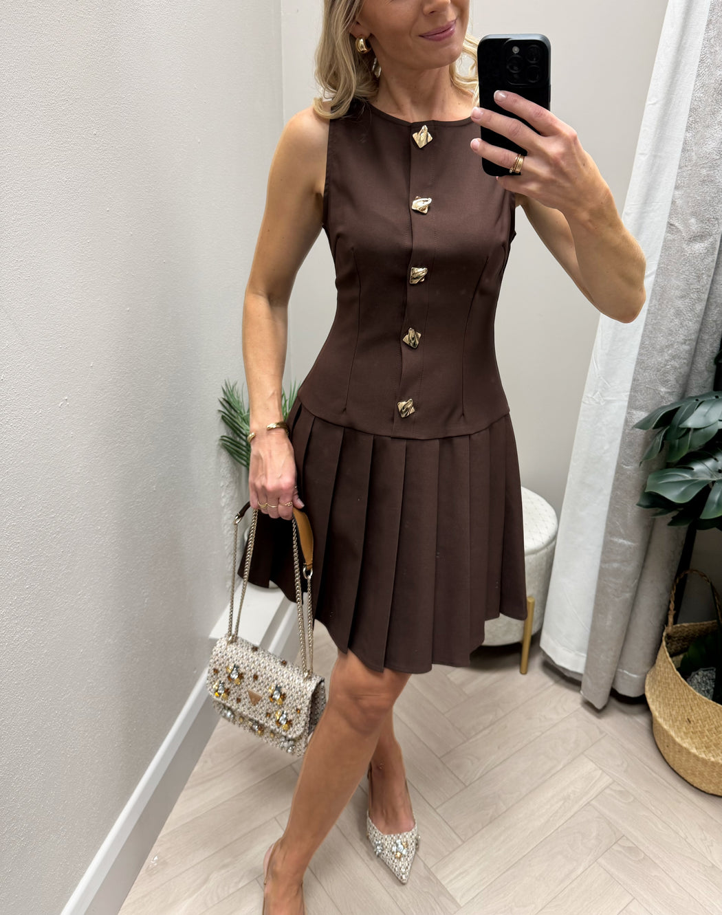 Penelope Tailored Pleated Mini Dress Brown