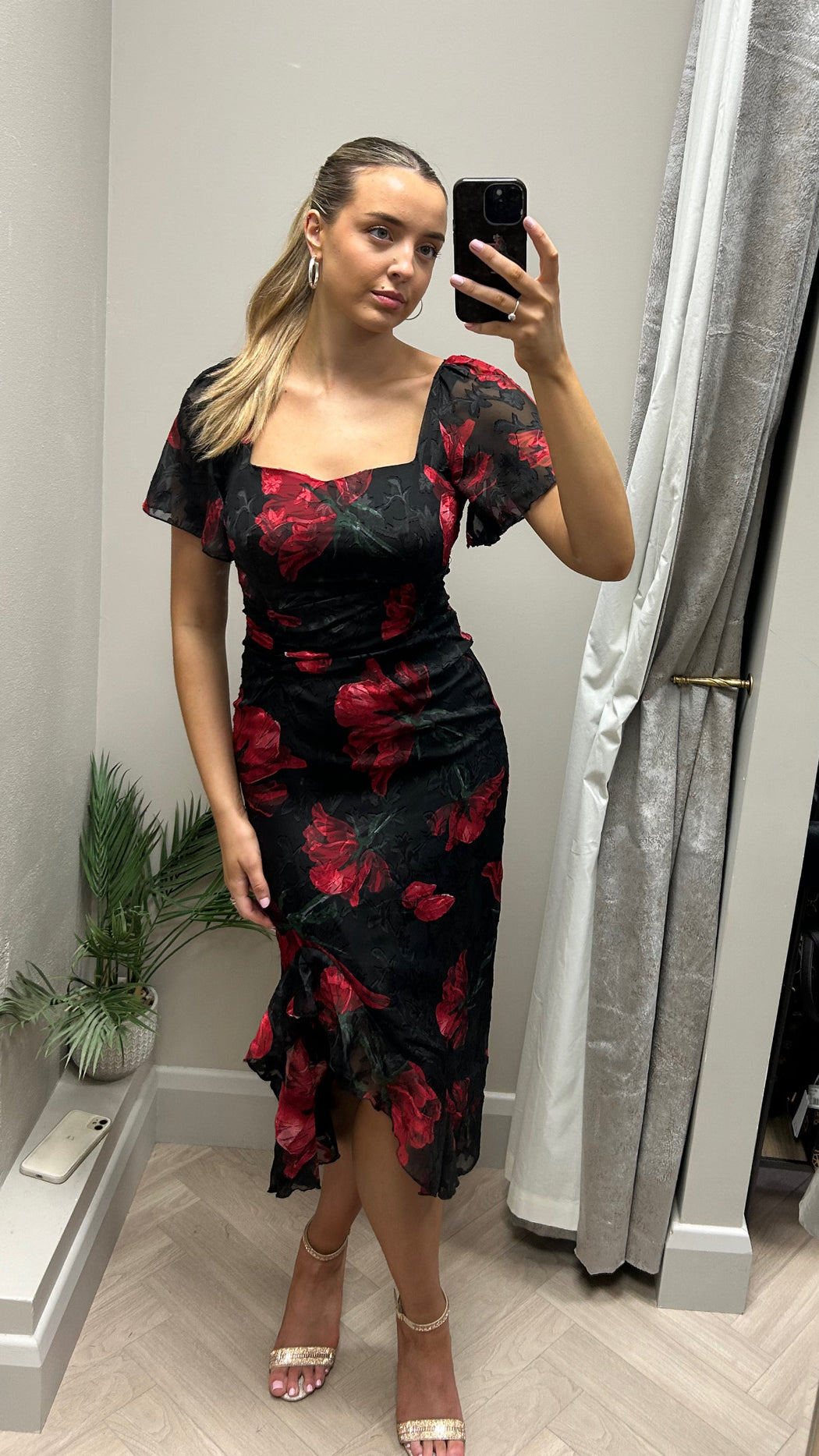 Heidi Black And Red Floral Ruched Midi Dress