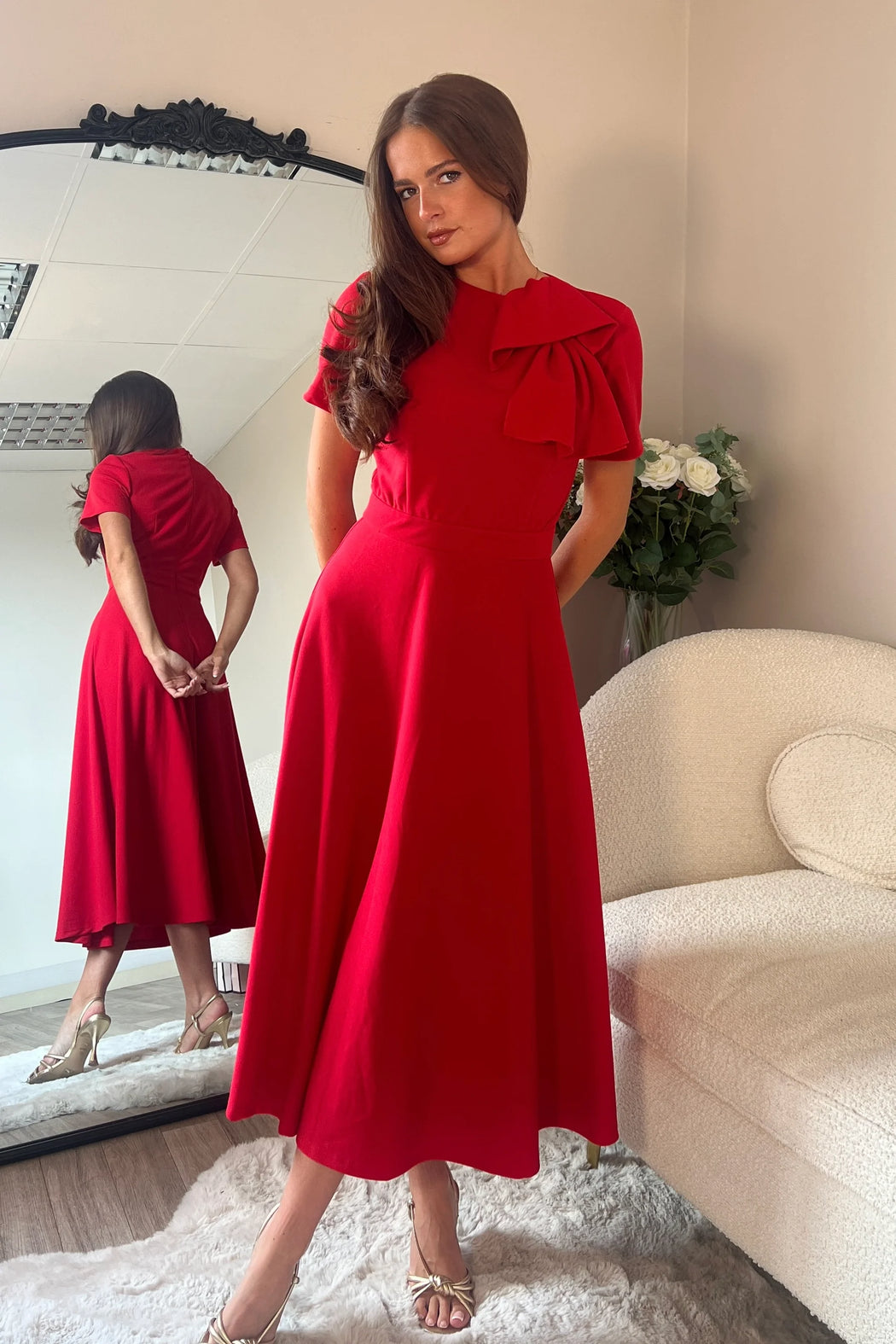 Red Minta Bow Detail Short Sleeve Midi Dress