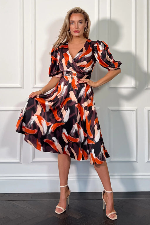 Nadine Orange Splash Wrap Detail Midi Dress