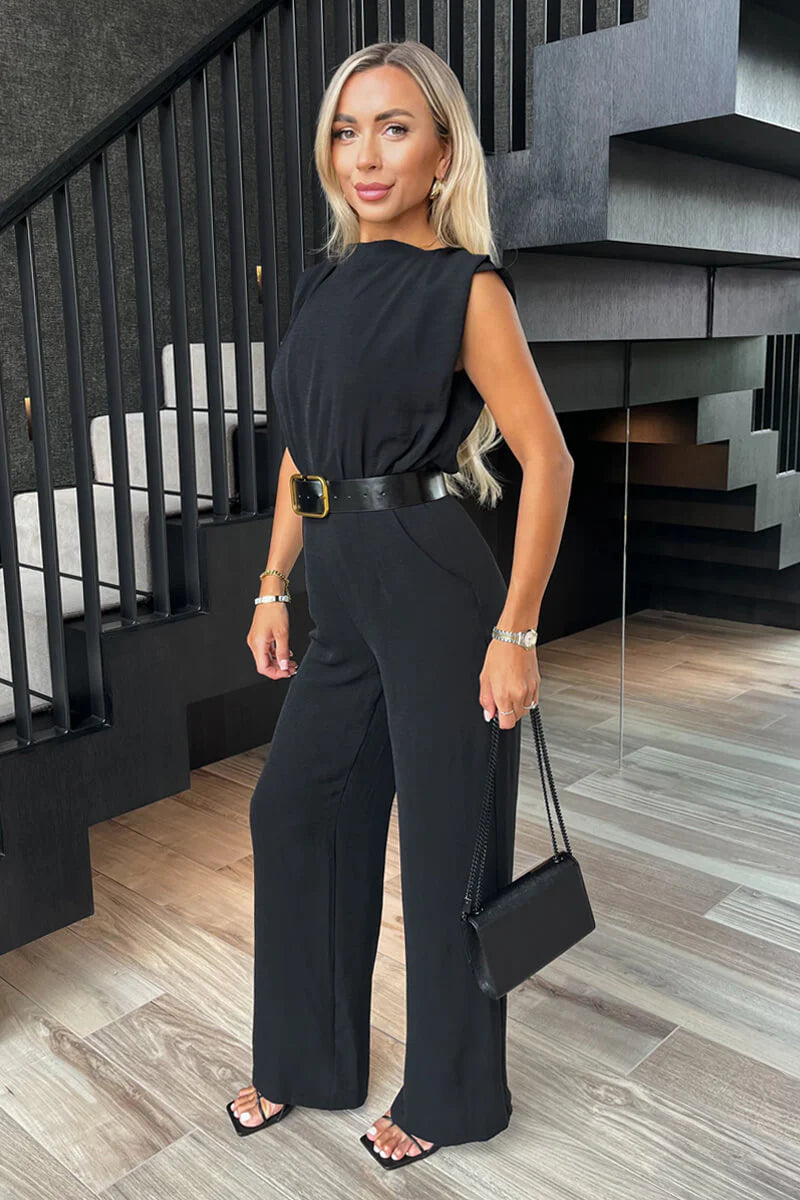 Pa654 Black Boat Neck Belted Wide Leg Jumpsuit