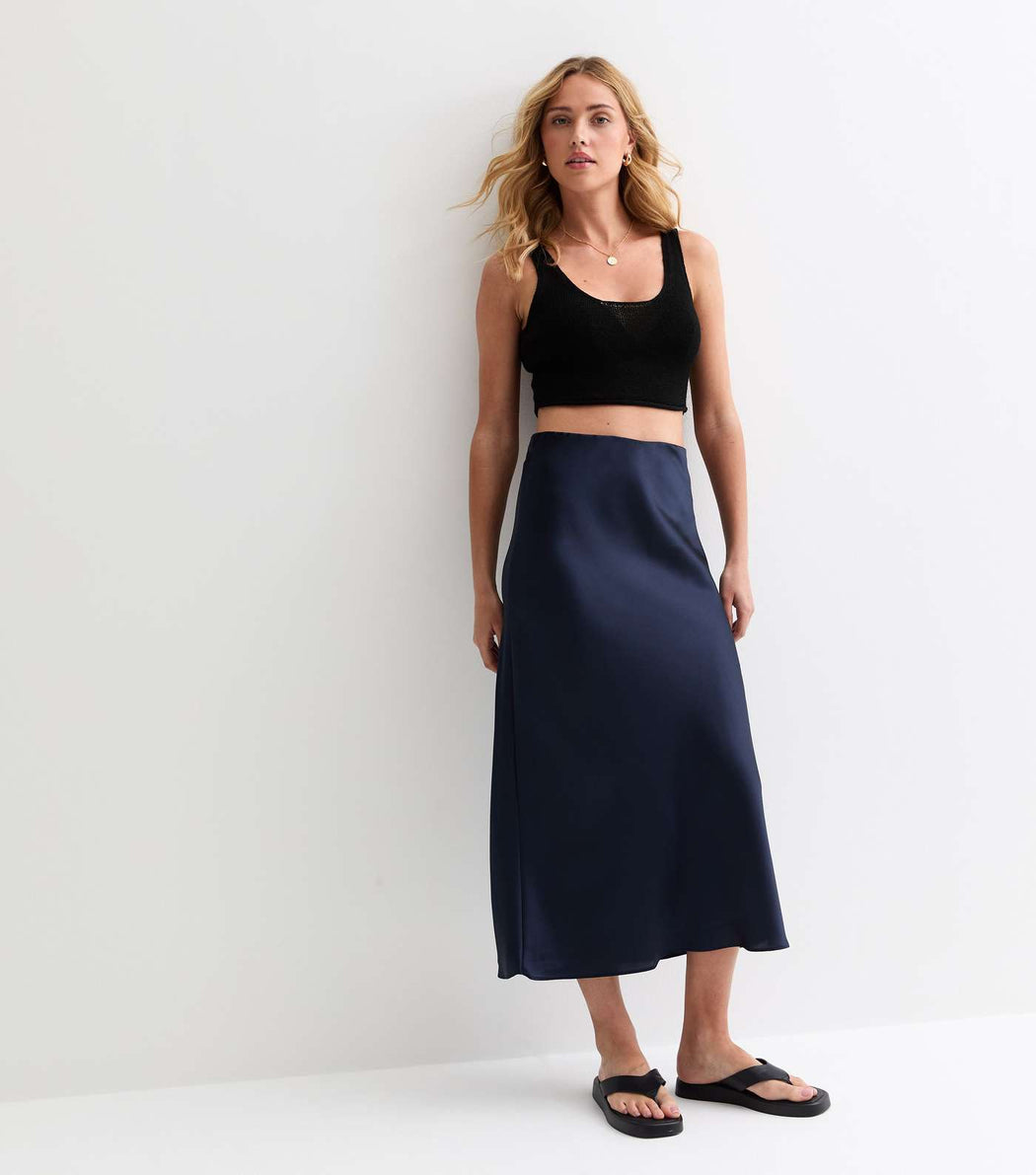 Zora navy satin midi skirt