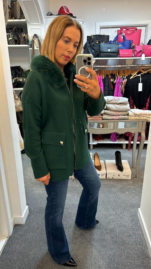 Green   hooded zip fur hood coatigan
