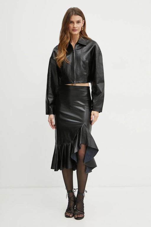 Guess black faux leather frill detail midi skirt