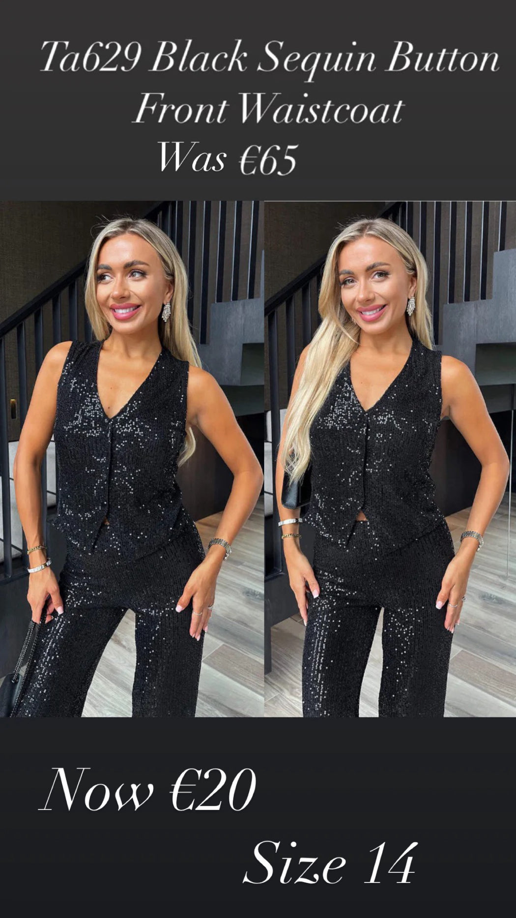 Ta629 Black Sequin Button Front Waistcoat