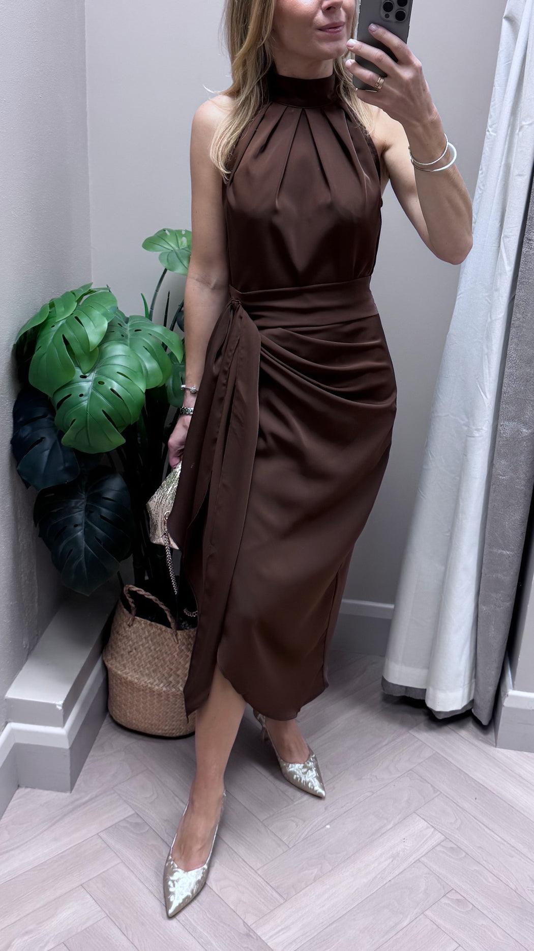 Priya Tie Waist Halter Neck Midi Dress Brown