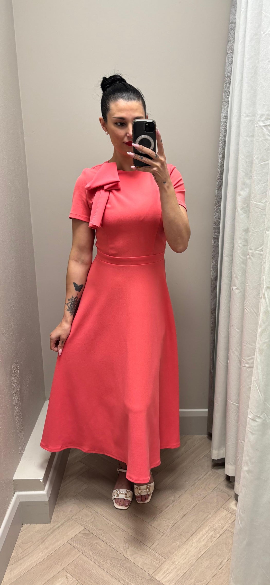 Minta Bow Detail Short Sleeve Midi Dress Coral
