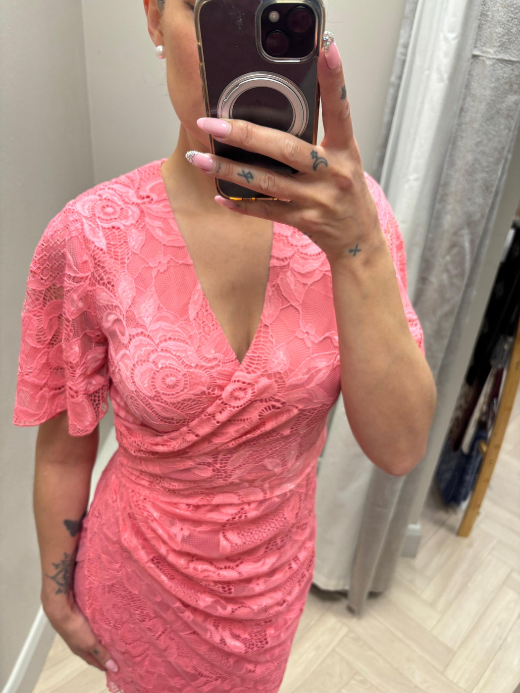 Natasha Angel Sleeve Wrap Midi Dress In Pink Lace