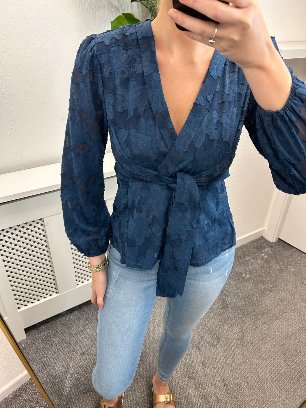 Brooke Wrap Navy Tie Long Sleeve Burnout