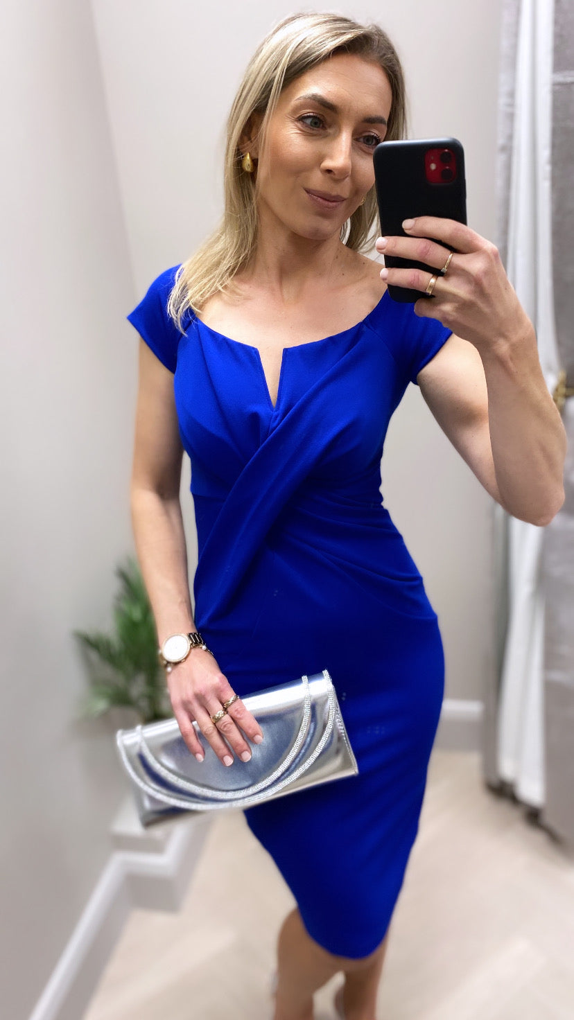 Halo Off The Shoulder Twist Detail Midi Dress Cobalt