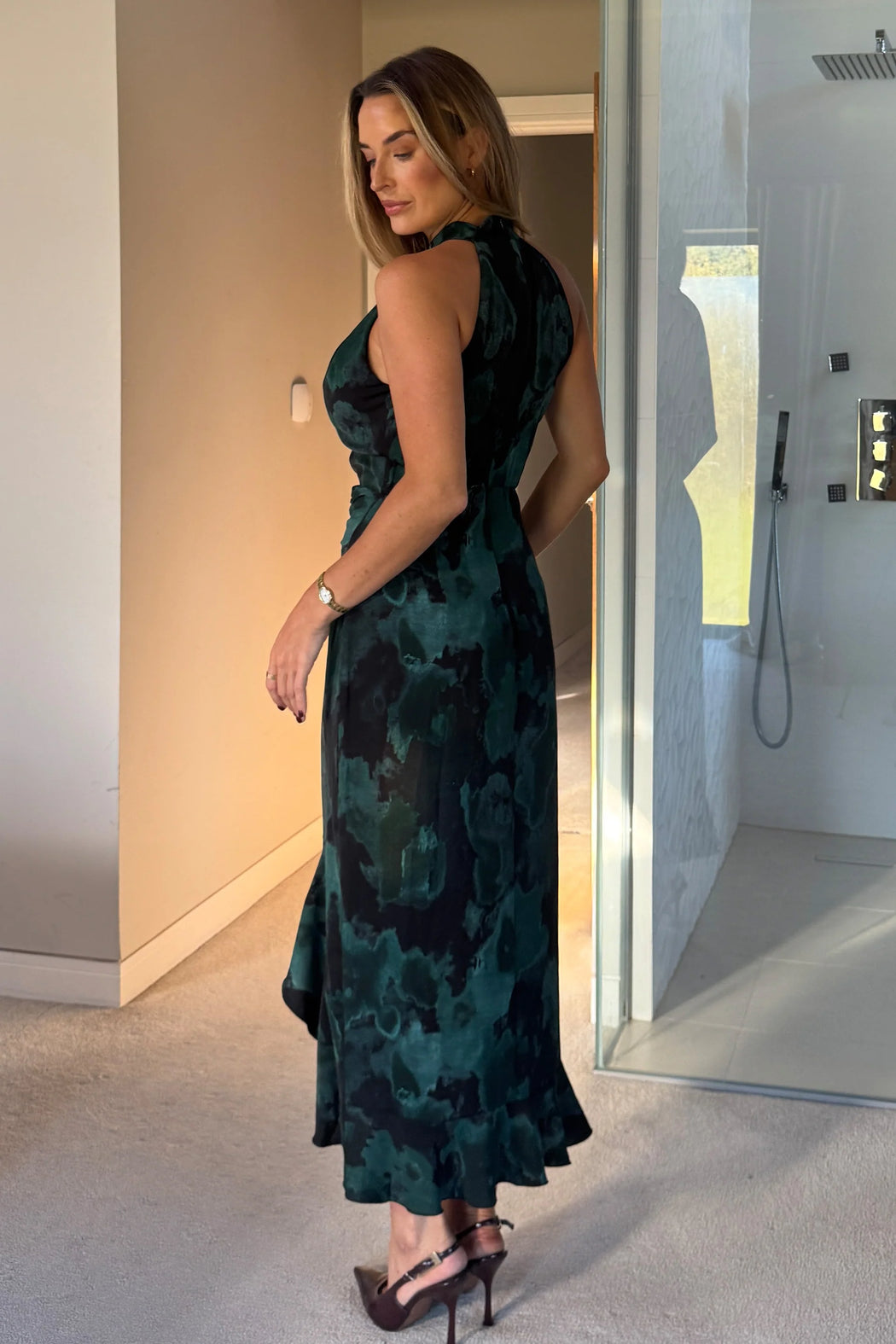 Amani Ruched Halter Neck Midi Dress Green Print