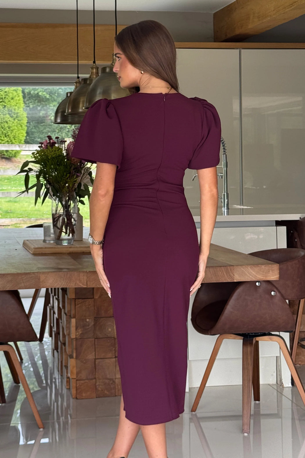 Freya Puff Sleeve Wrap Neck Ruched Midi Plum