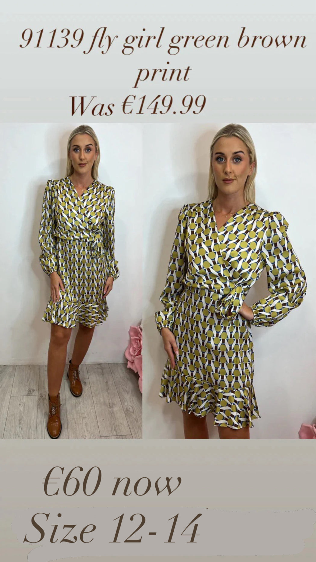 91139 fly girl green brown print dress