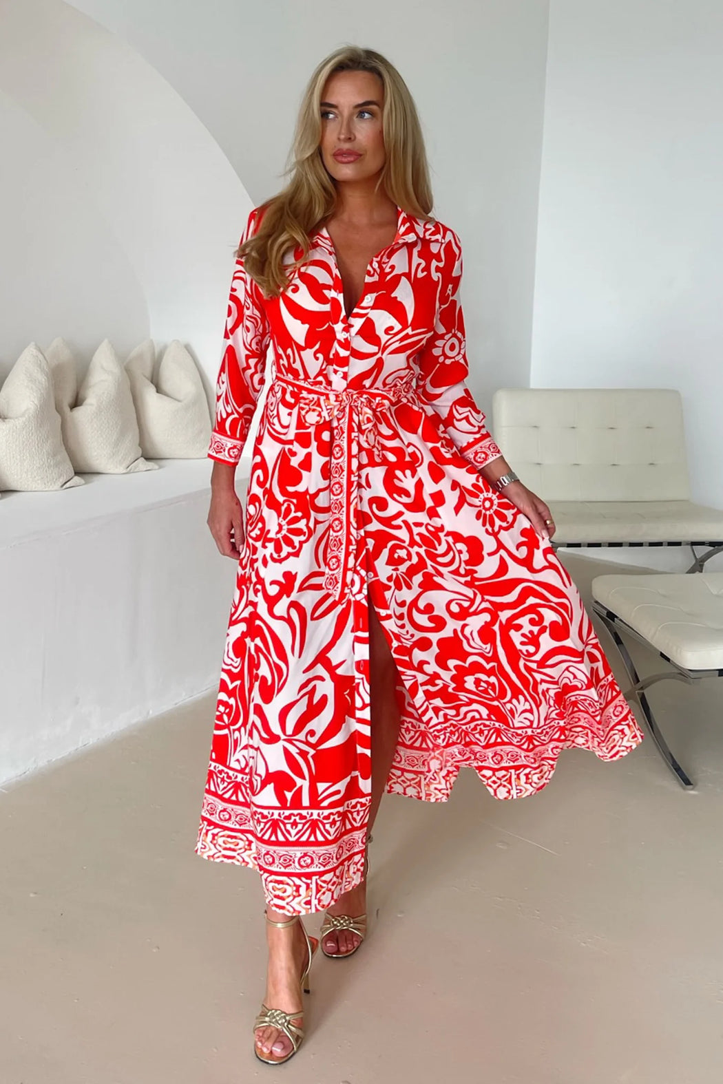 Angela Red Print Shirt Maxi Dress