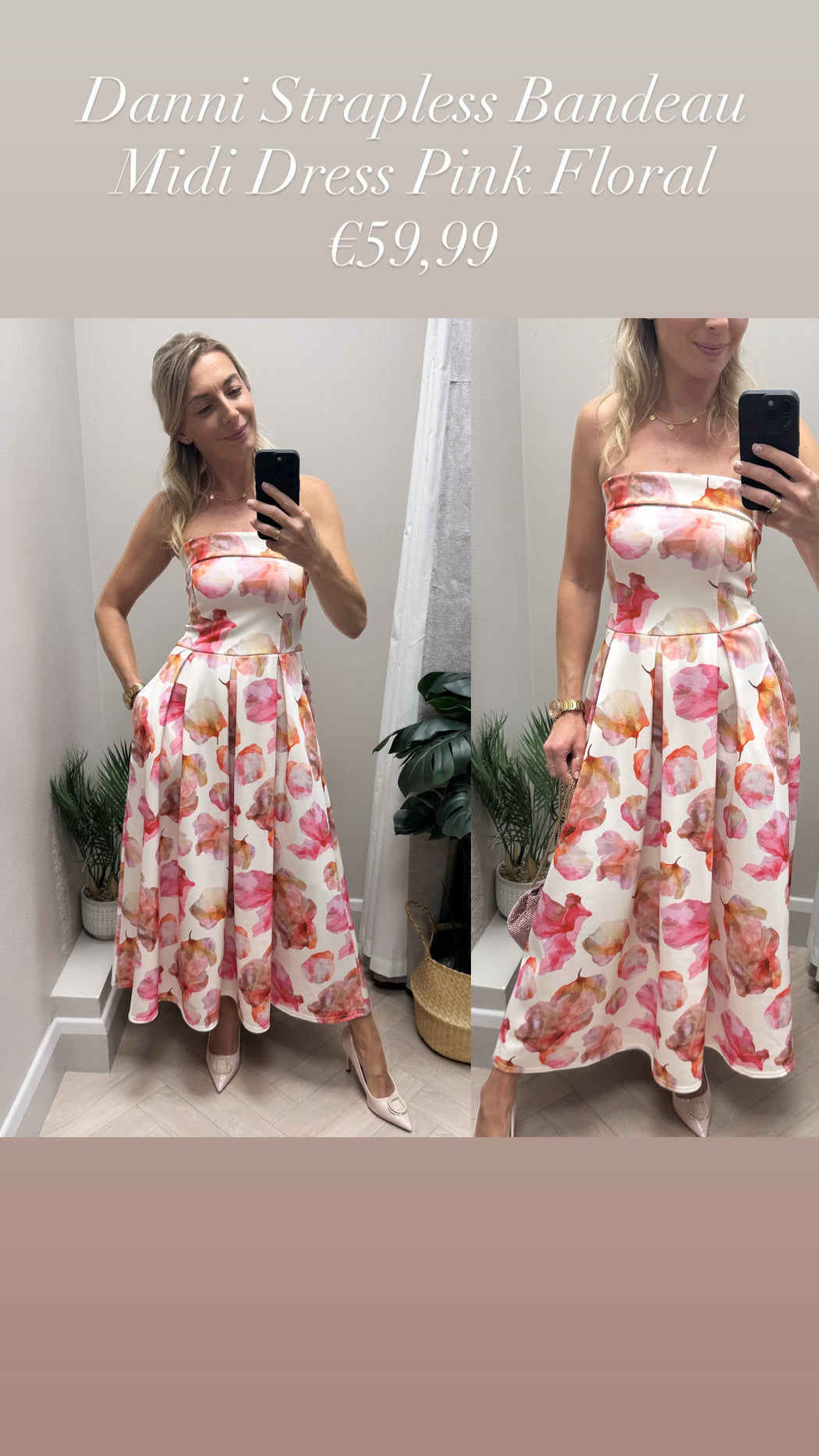 Danni Strapless Bandeau Midi Dress Pink Floral