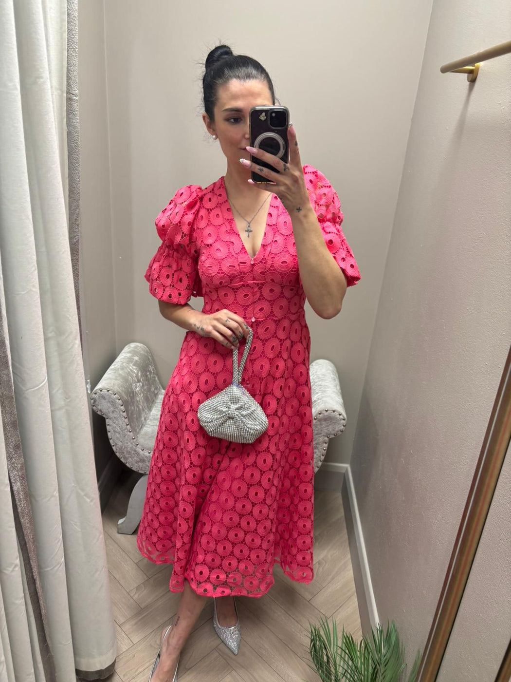 CALLIE PUFF SLEEVE FUSCHIA PINK LACE DRESS