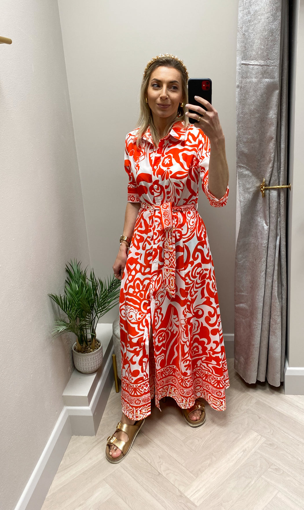 Angela Red Print Shirt Maxi Dress