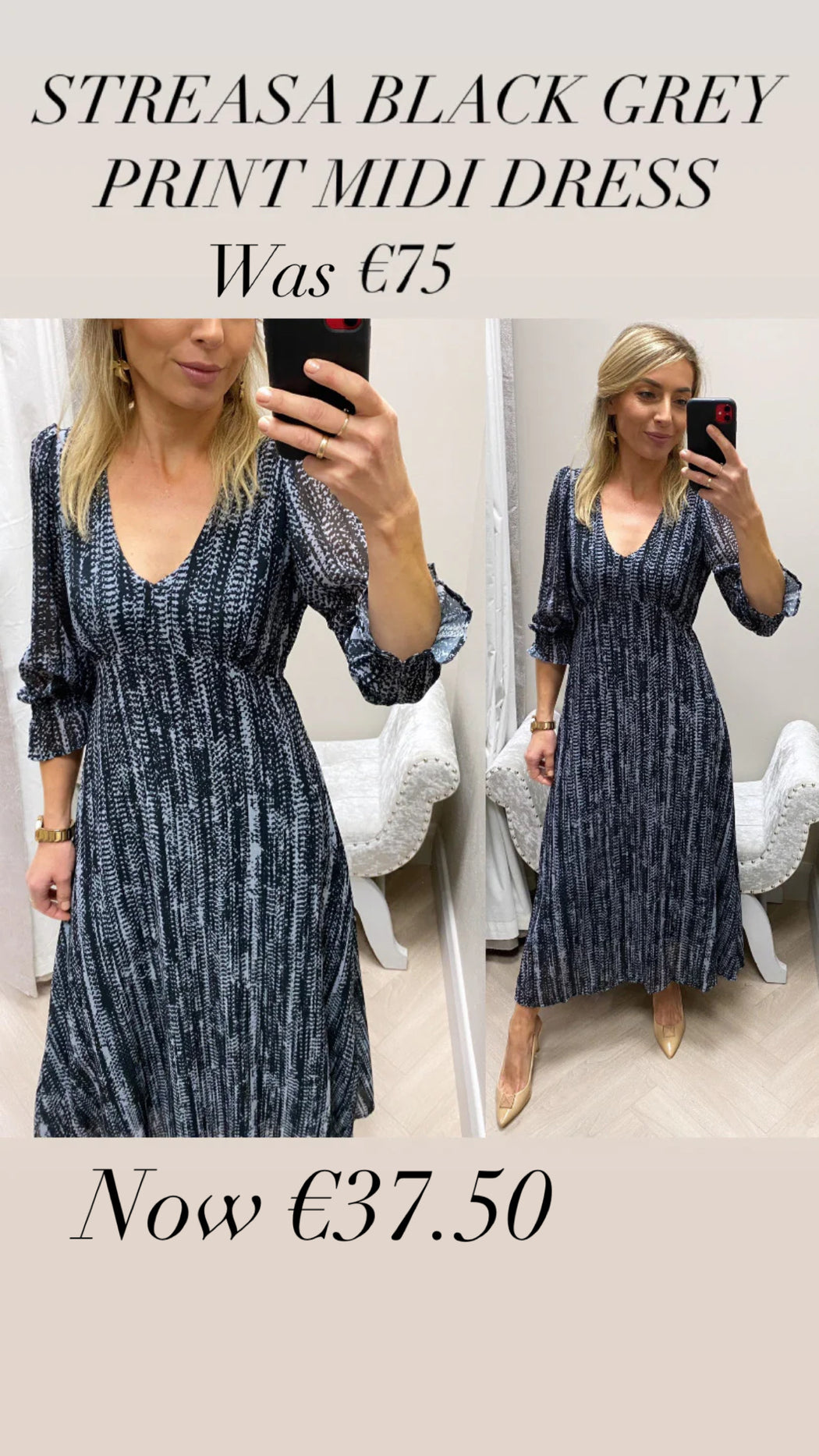 STREASA BLACK GREY PRINT MIDI DRESS