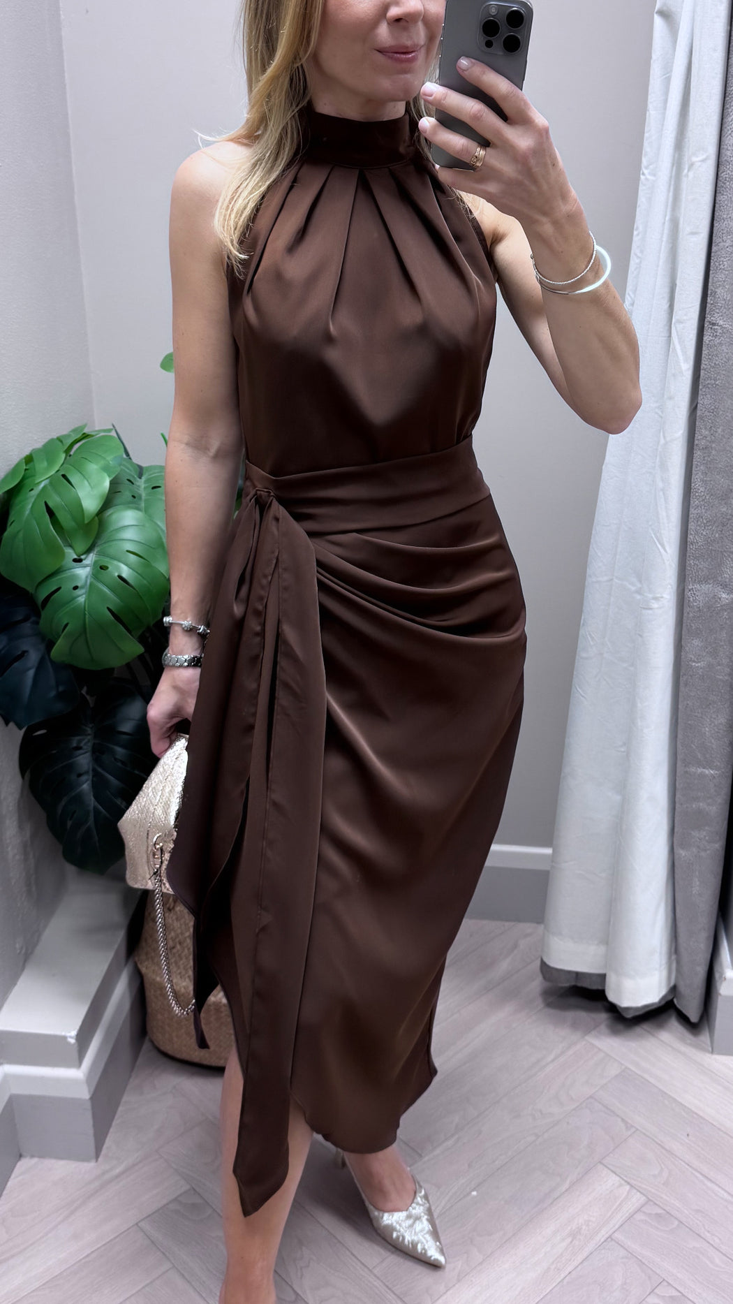 Priya Tie Waist Halter Neck Midi Dress Brown