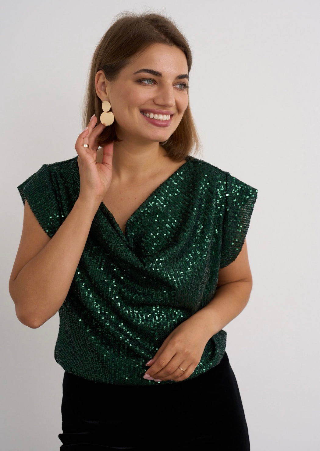 Green sequin cowl neck