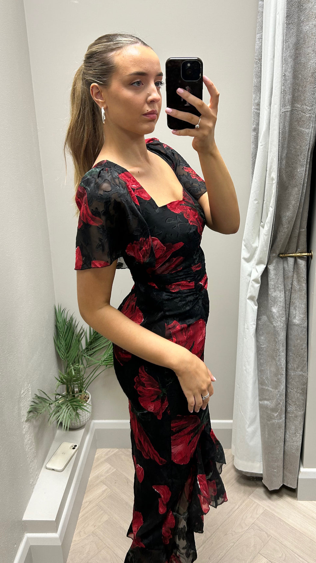 Heidi Black And Red Floral Ruched Midi Dress