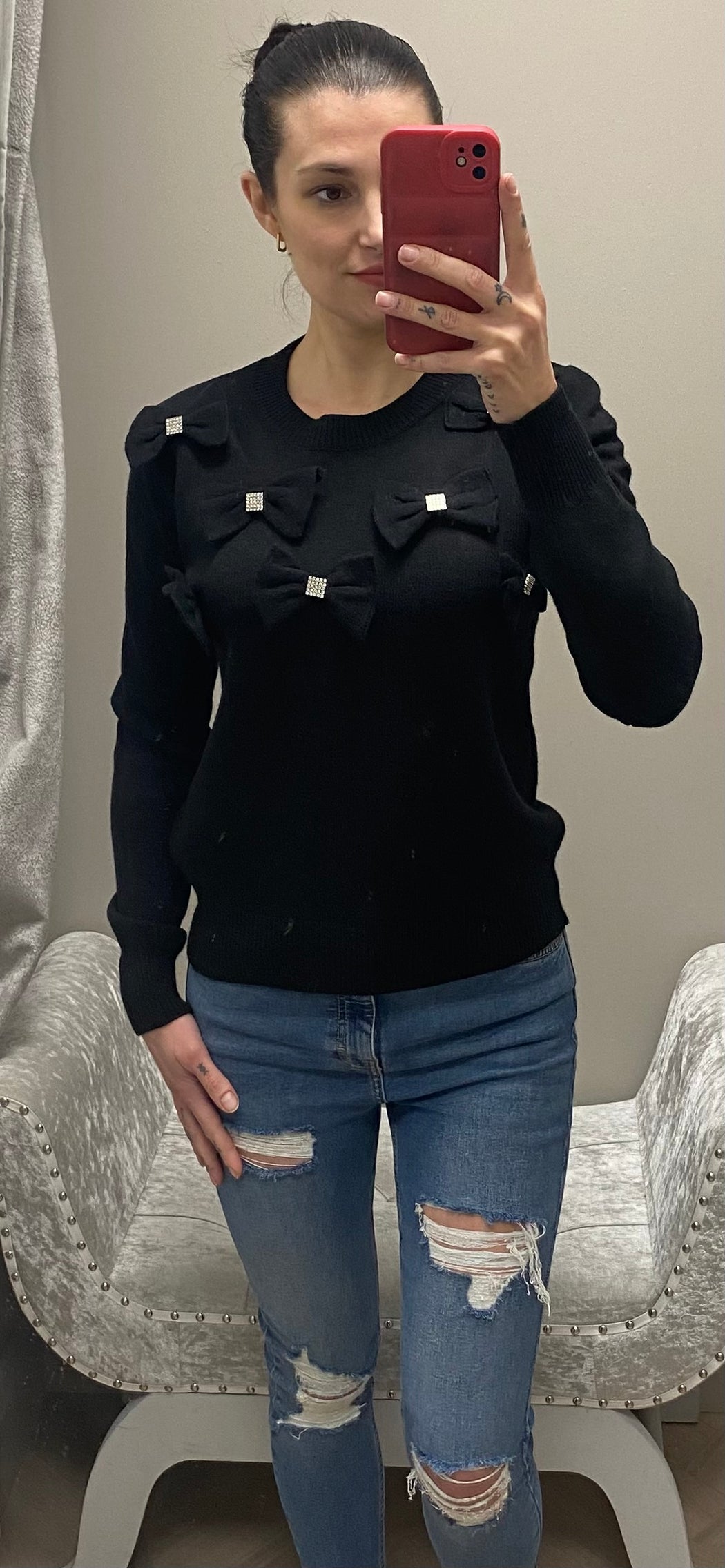 Black diamanté bow knit top