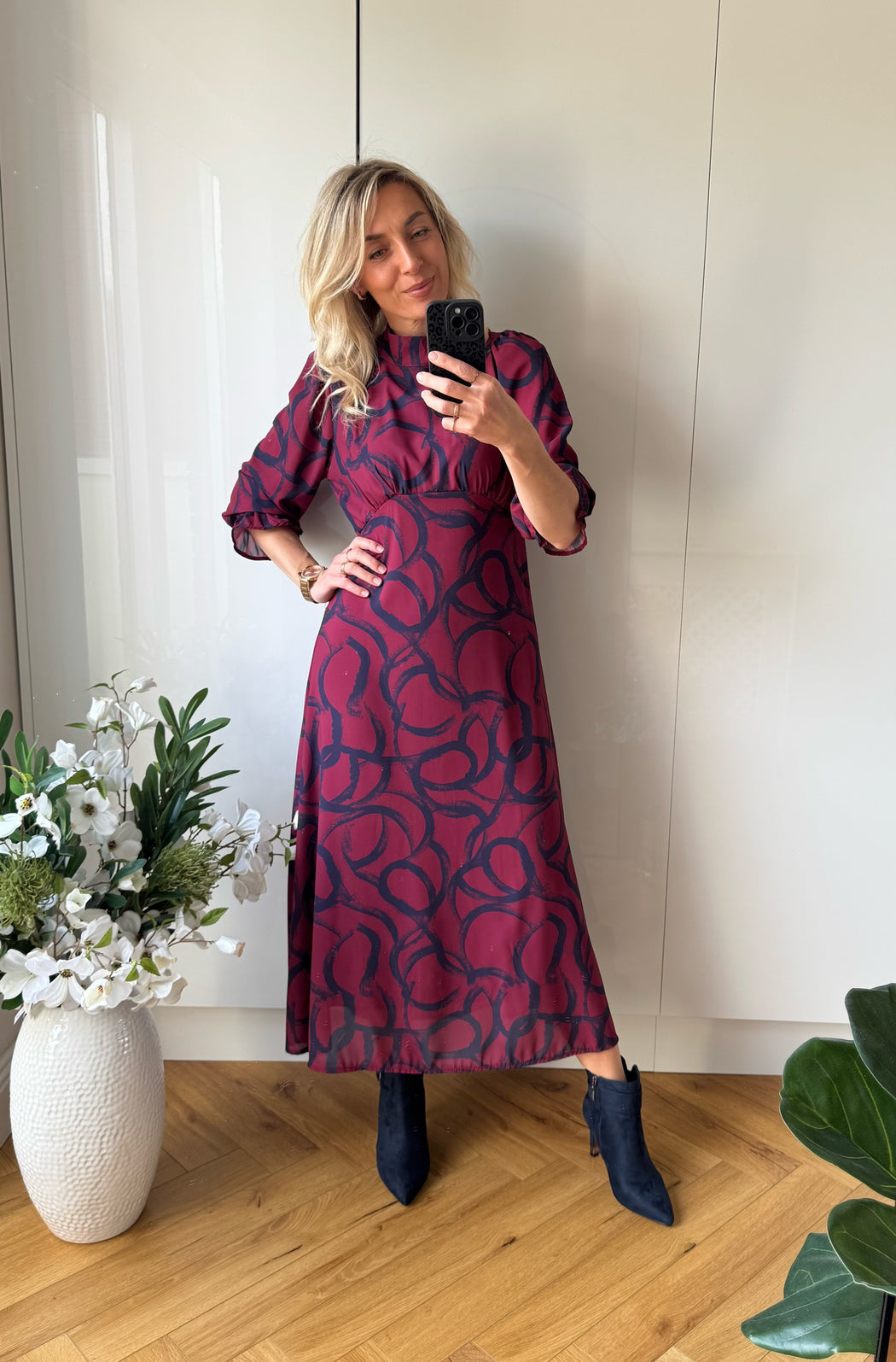 Simona magenta navy midi dress
