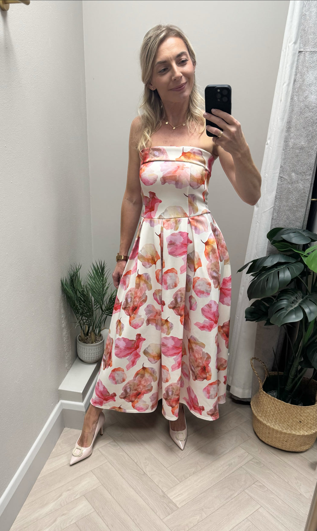 Danni Strapless Bandeau Midi Dress Pink Floral