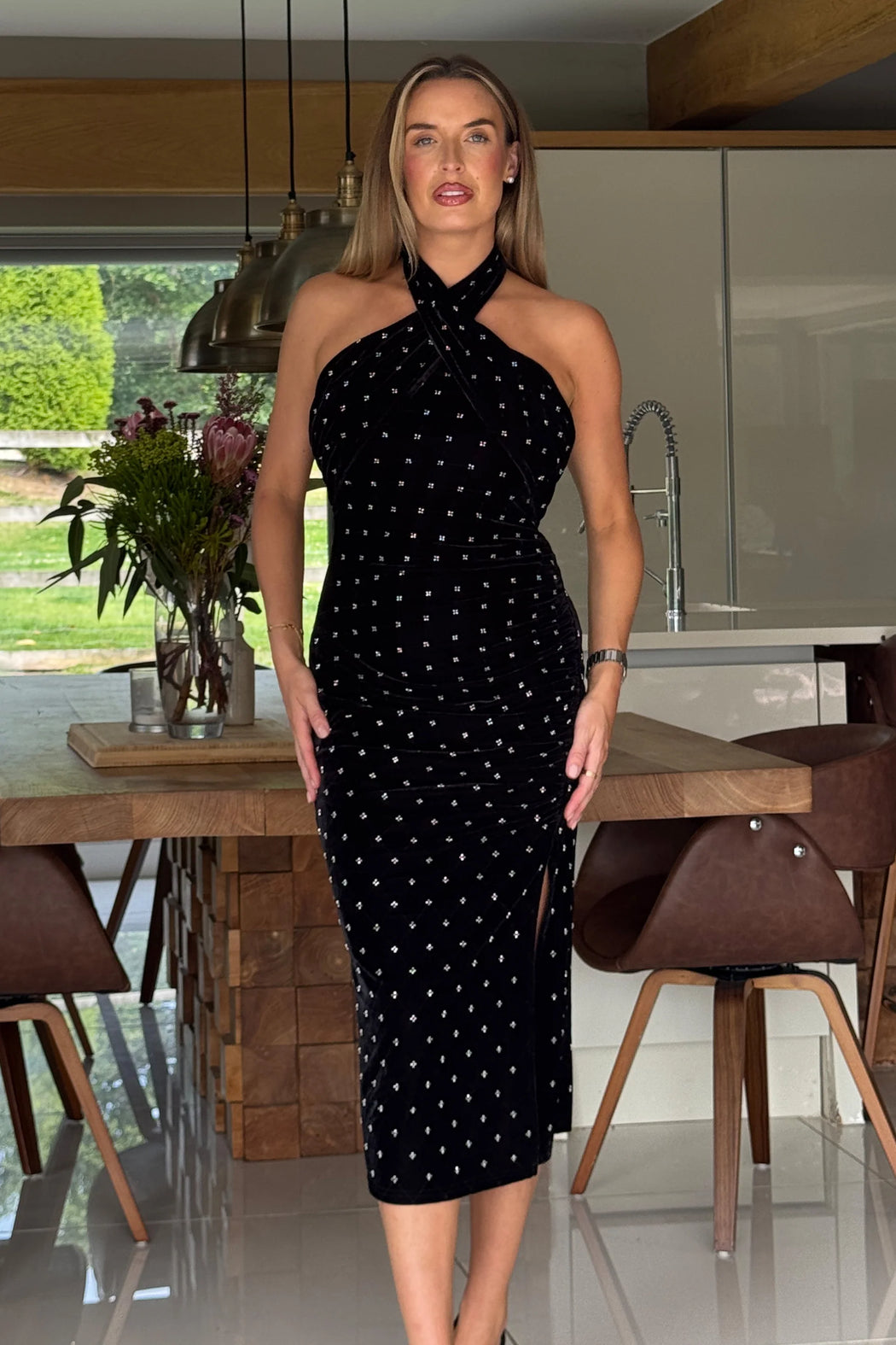 Bessie Halter Neck Side Split Midi Dress Beaded Velvet